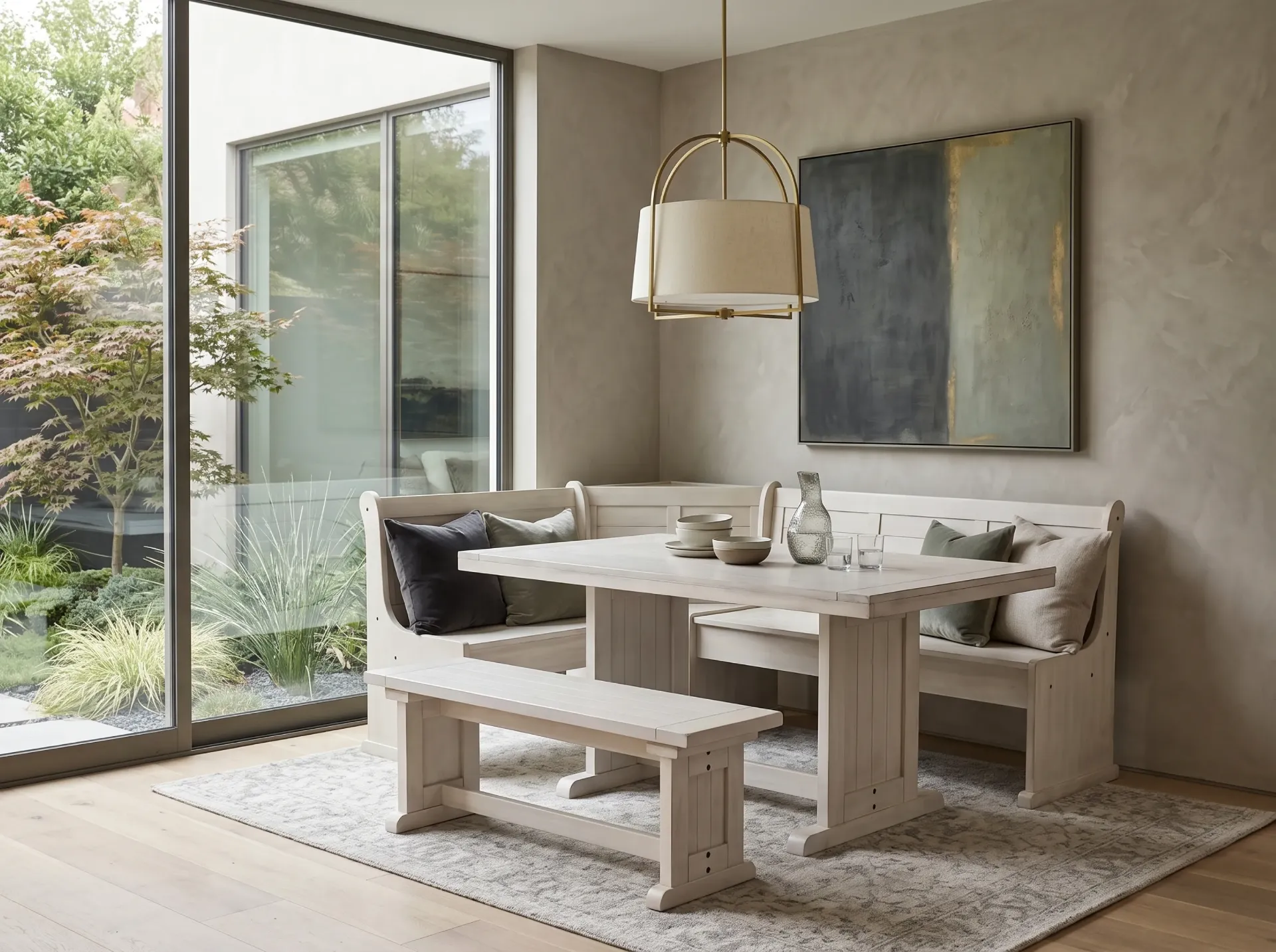 Breakfast Nook Long Bench & Corner Back Wood Seat in Marble White
