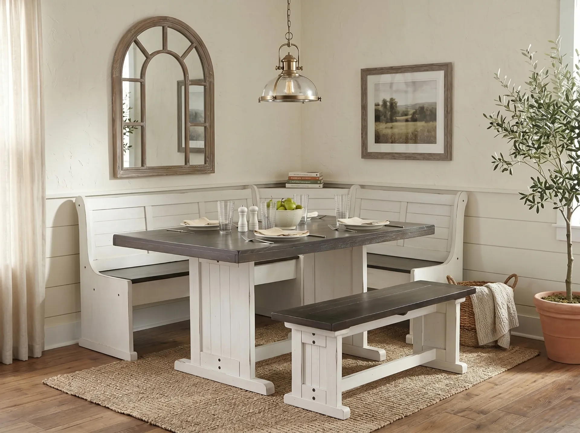 Carriage House Breakfast Nook 4 PC Set in European Dark with Cottage White