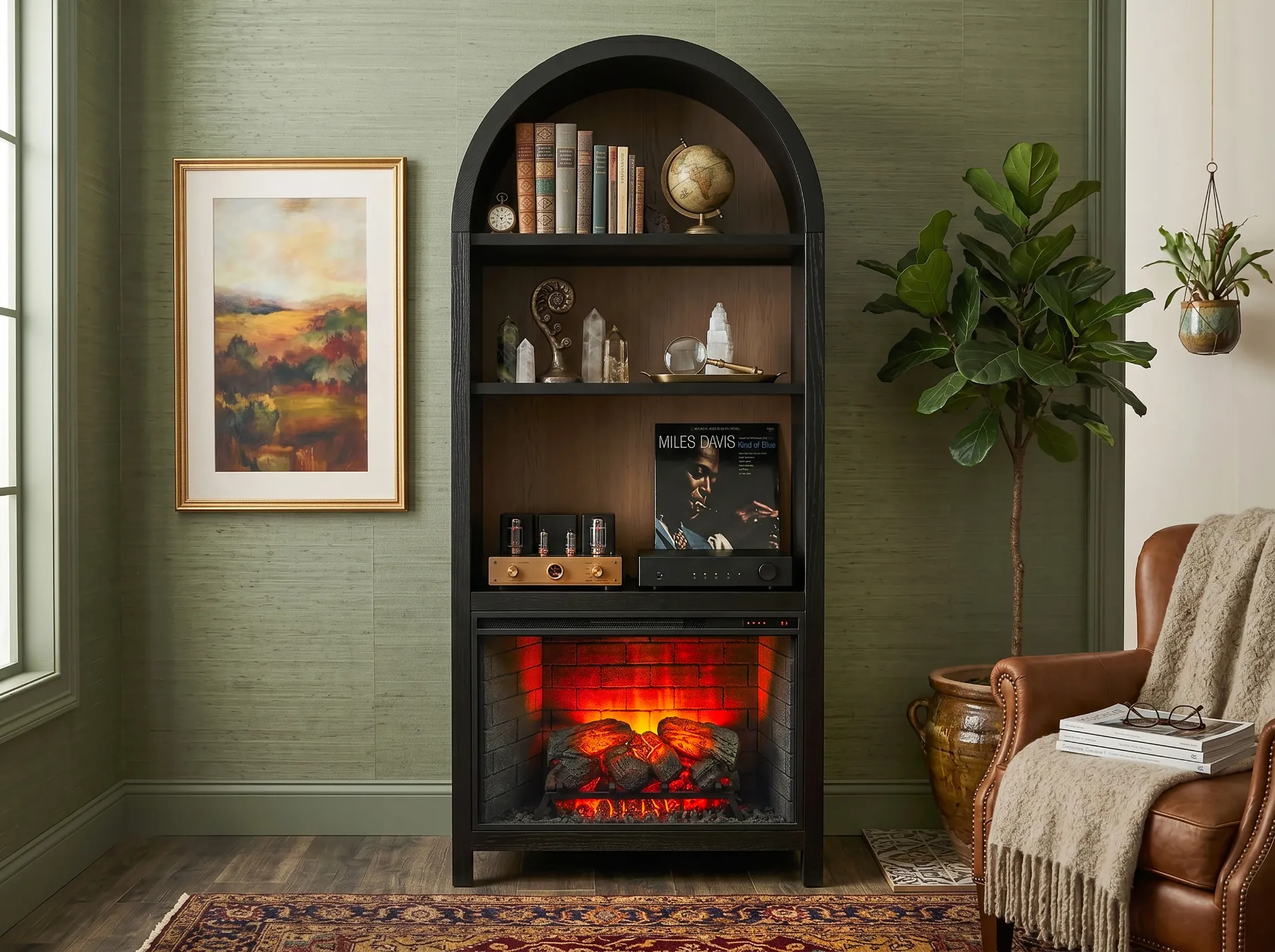 [3681UO] 37" Chill Umbra/Oak Grove Arch Bookcase With 33" Fireplace Option(3666-FPI)
