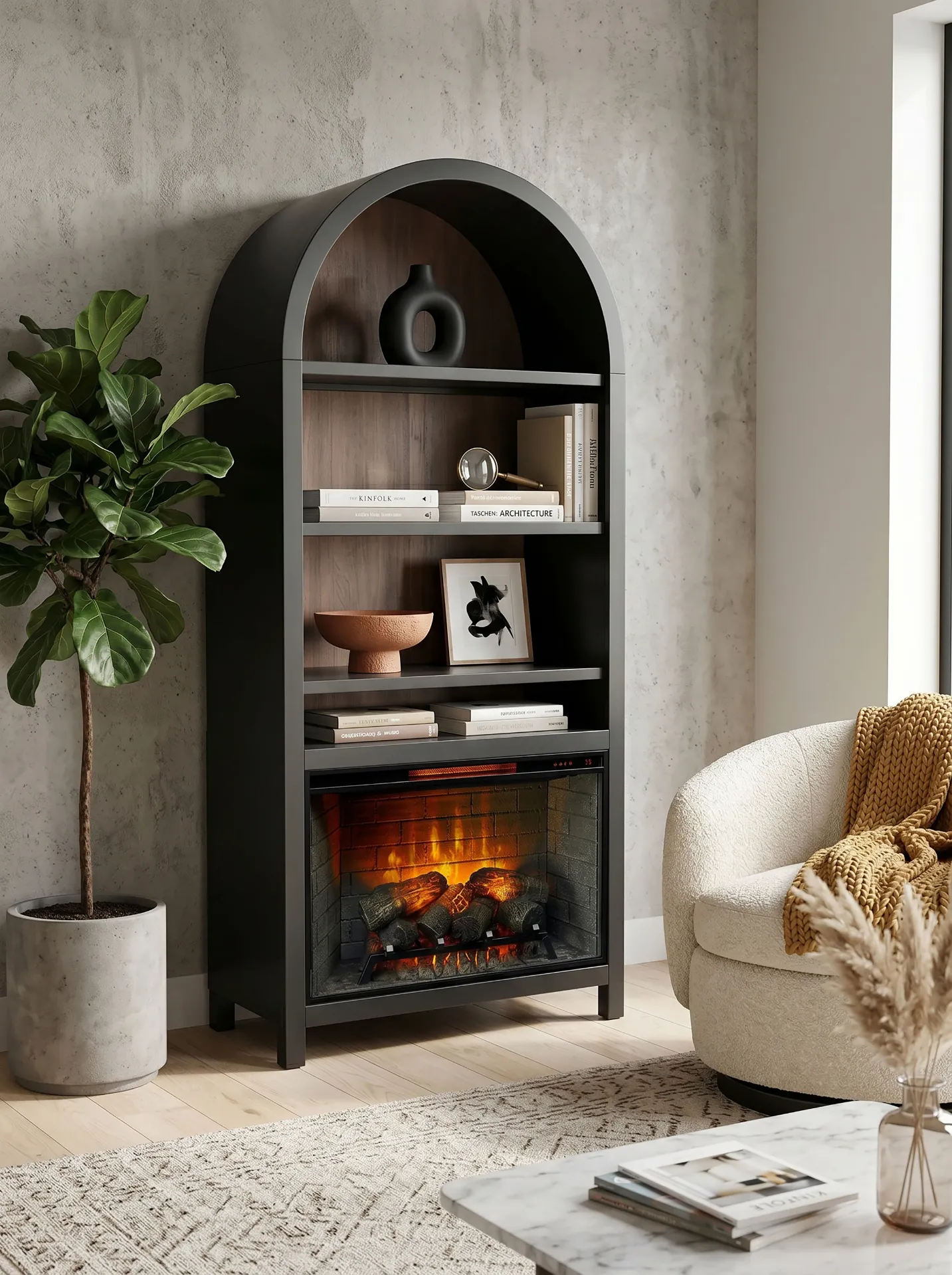 [3681BL] 37" Chill Black Arch Bookcase With 33" Fireplace Option(3666)