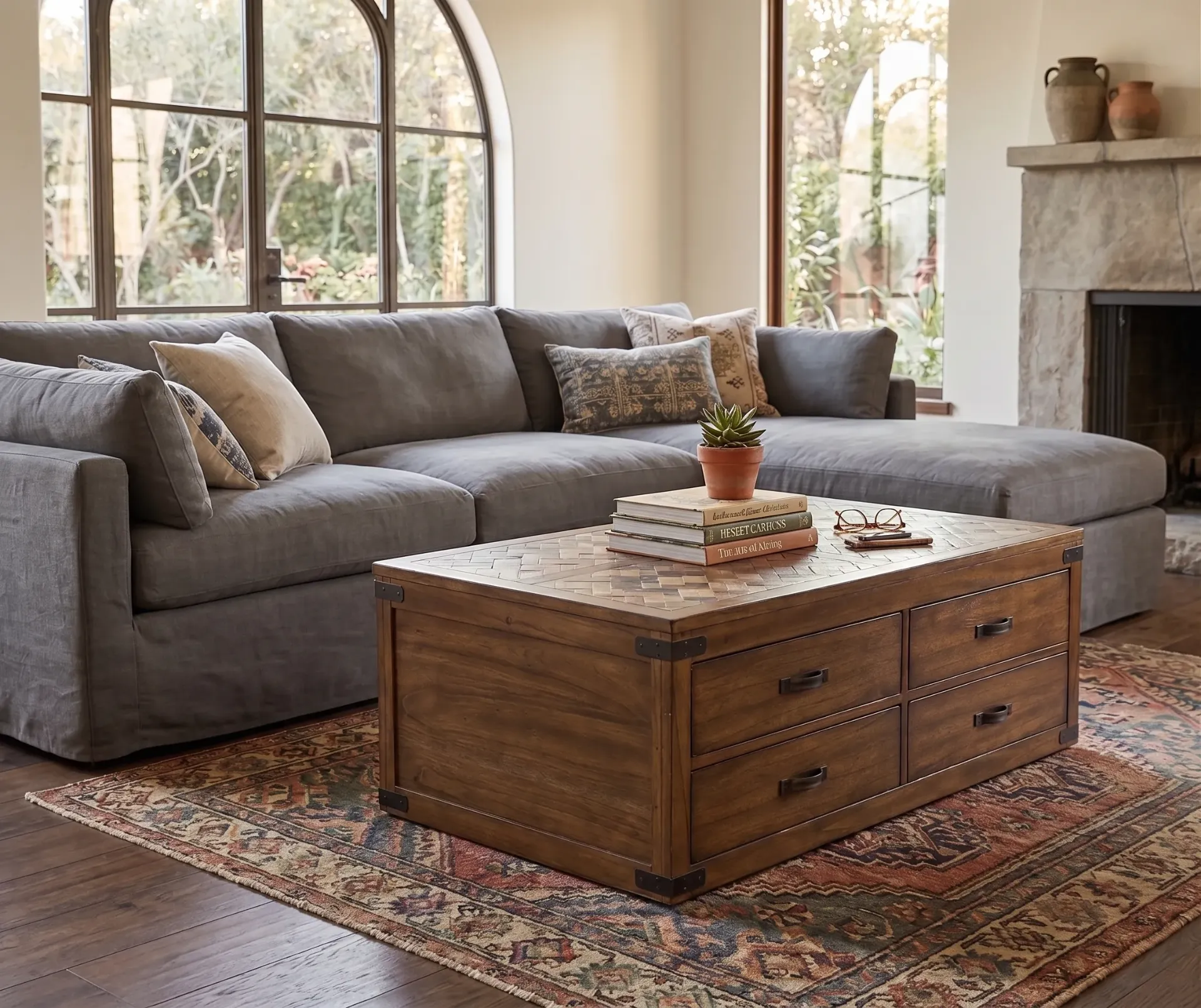 [3299NW-C] Coffee Tbl With 4 Drawers & Casters Corner Metal Accent
