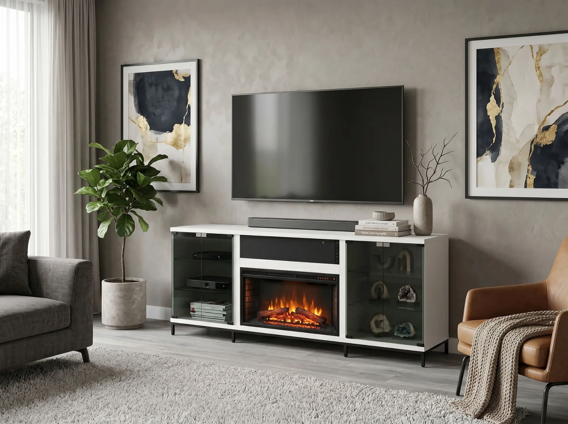 70" Newport White Melamine Media Console With Fireplace Insert Option (2001B-28)