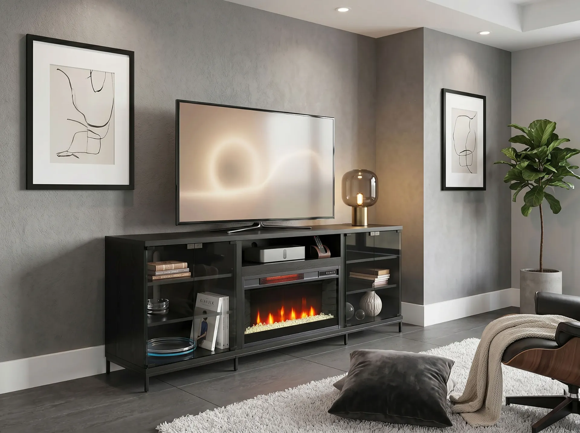 [3502BOM] 70" Newport Black Melamine Media Console With Fireplace Insert Option (2001B-28)