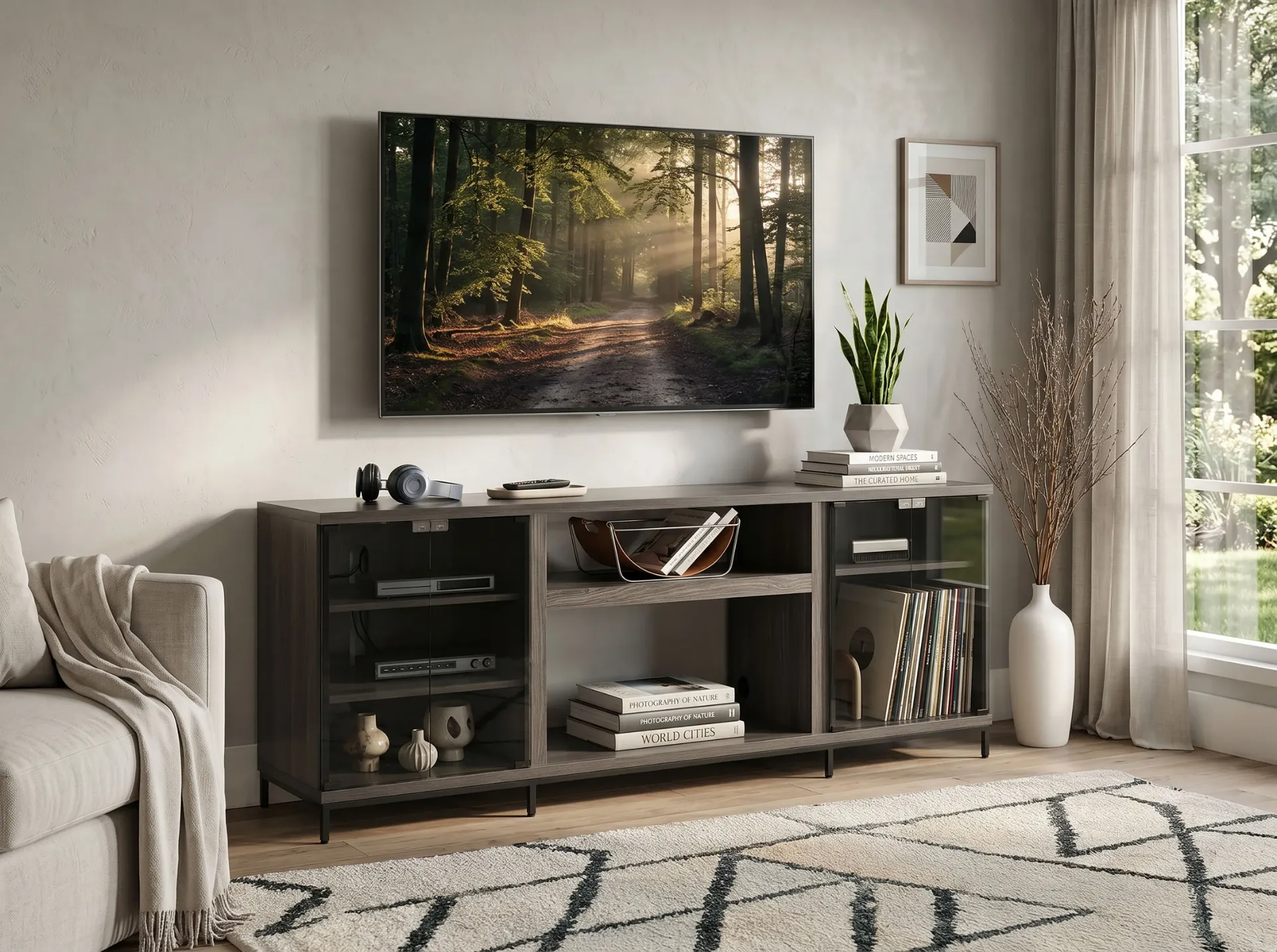 [3502GWM] 70" Newport Gray Melamine Media Console With Fireplace Insert Option (2001B-28)