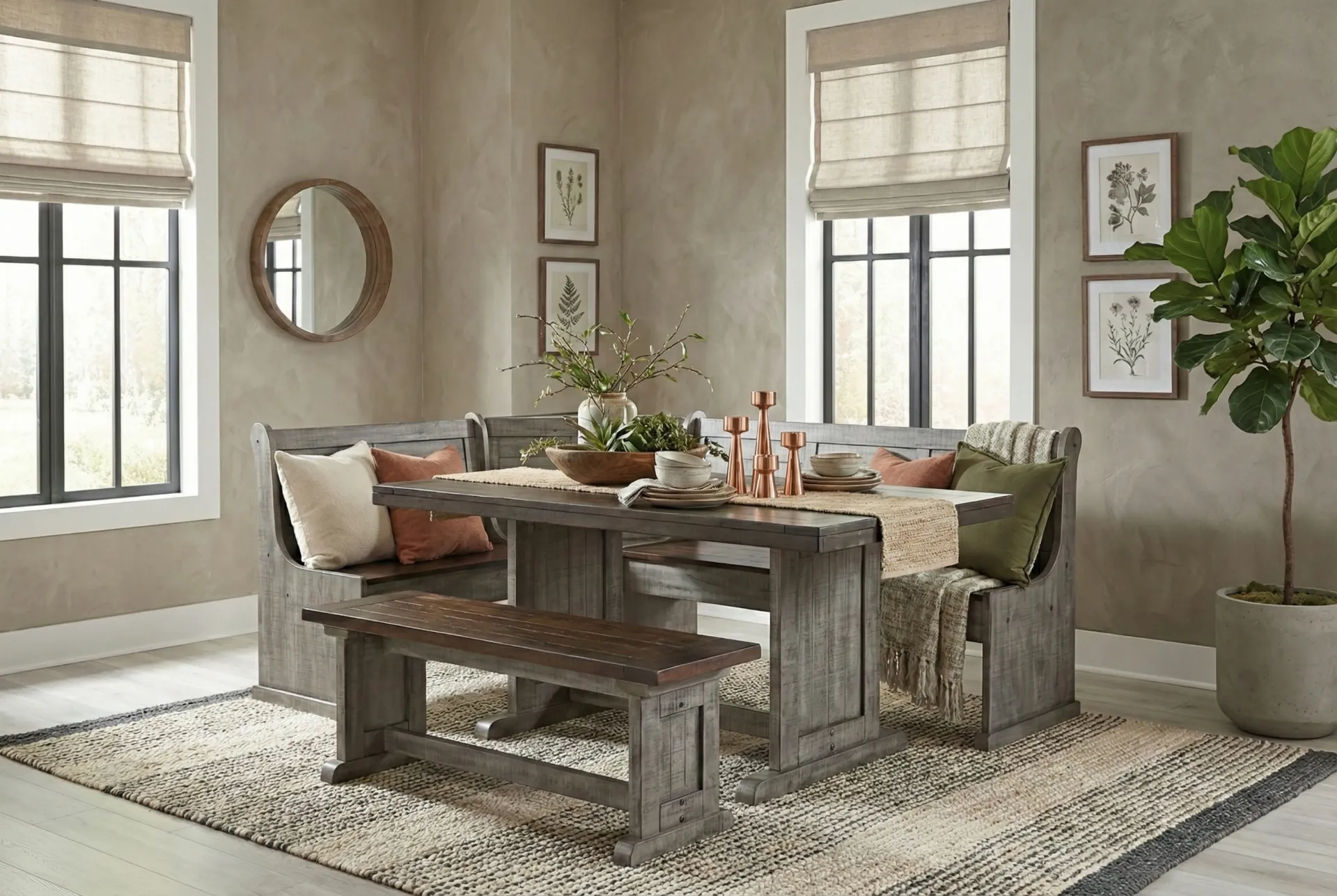 Breakfast Nook Short Bench & Corner Seat Wood Seat in Tobacco/Alpine Gray