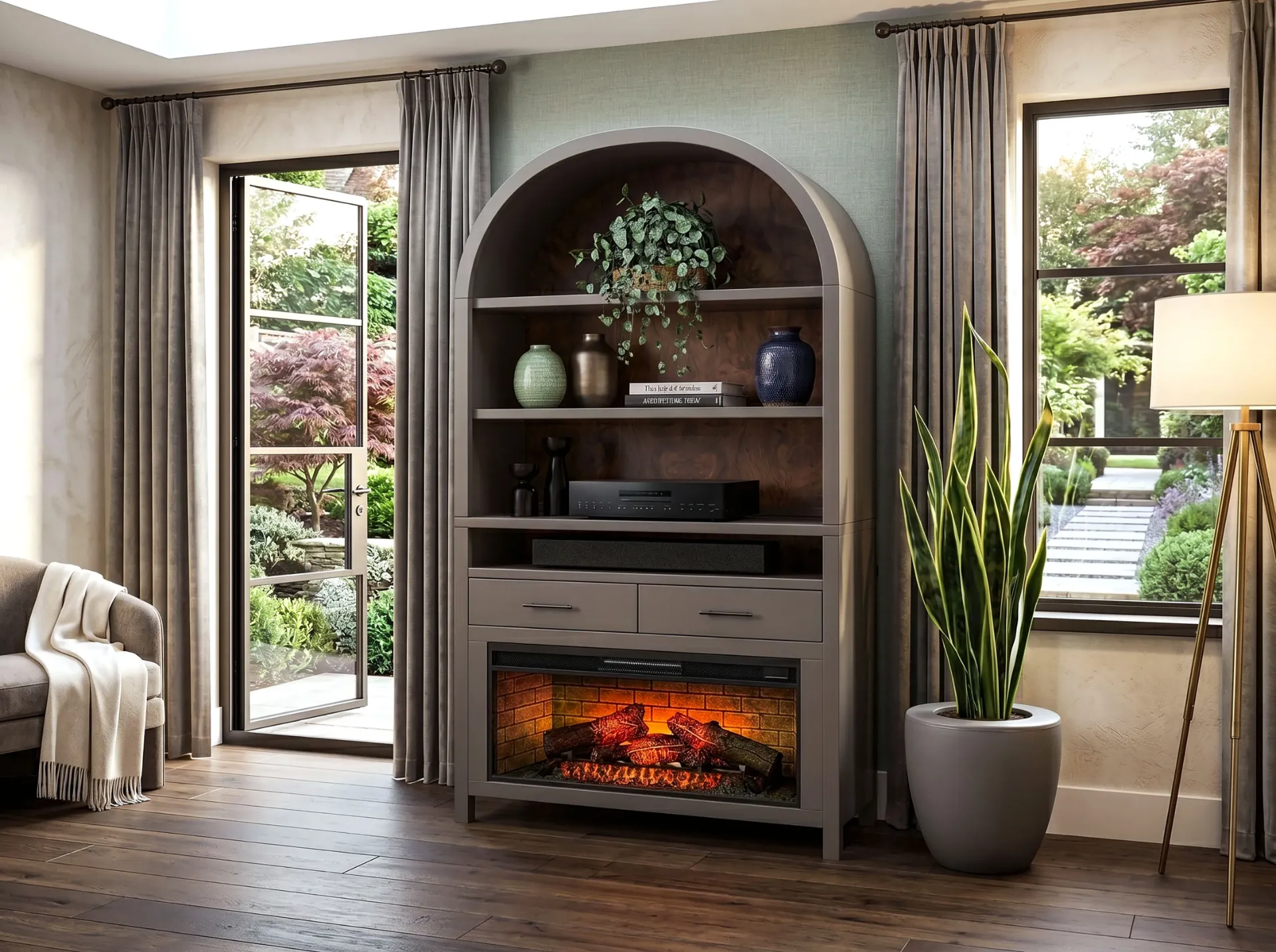 Wide Arch Bookcase With 42" Fireplace Option